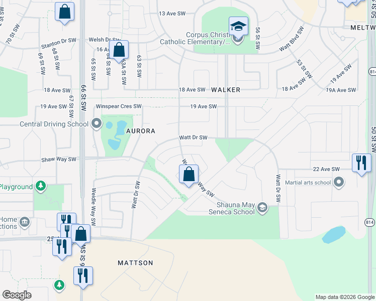 map of restaurants, bars, coffee shops, grocery stores, and more near 1353 Watt Drive Southwest in Edmonton