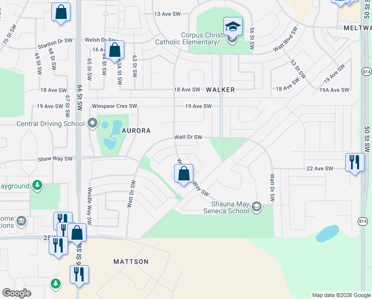 map of restaurants, bars, coffee shops, grocery stores, and more near 1353 Watt Drive Southwest in Edmonton