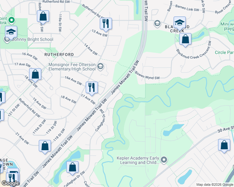 map of restaurants, bars, coffee shops, grocery stores, and more near 1619 James Mowatt Trail Southwest in Edmonton