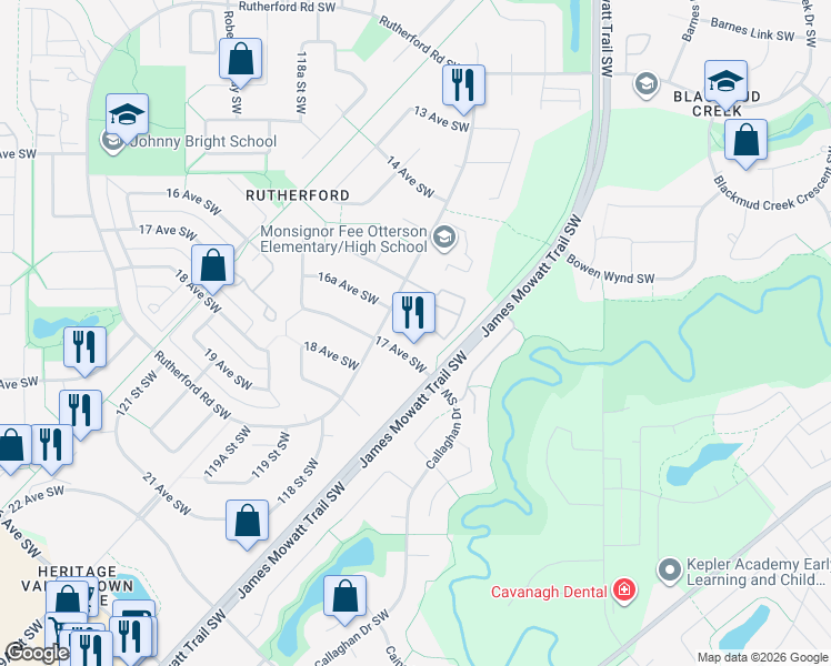 map of restaurants, bars, coffee shops, grocery stores, and more near 11404 17 Avenue Southwest in Edmonton