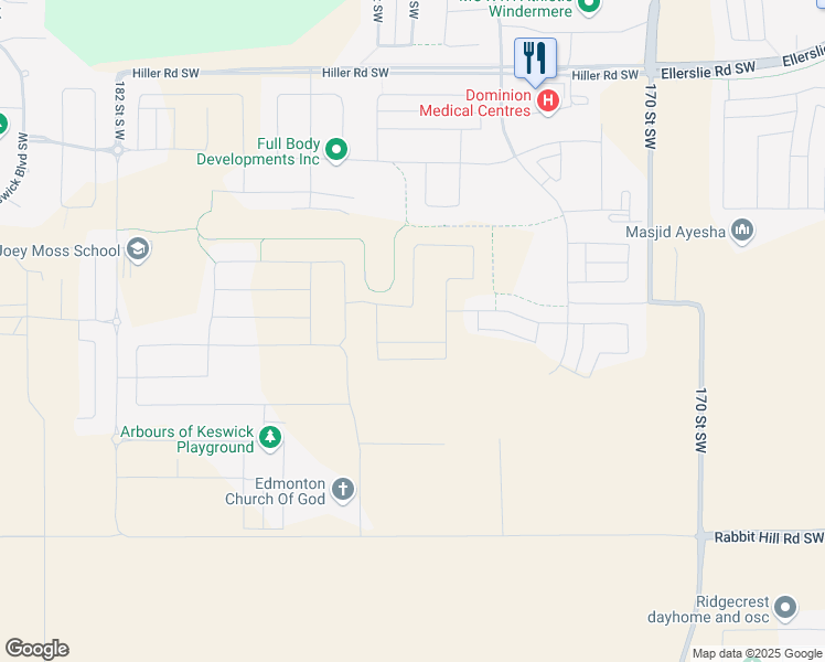 map of restaurants, bars, coffee shops, grocery stores, and more near 1704 170 Street Southwest in Edmonton