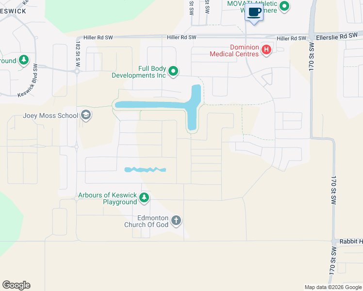map of restaurants, bars, coffee shops, grocery stores, and more near Kelly Crescent Southwest in Edmonton