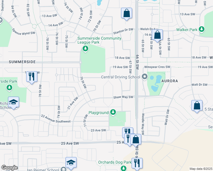 map of restaurants, bars, coffee shops, grocery stores, and more near 2025 69a Street Southwest in Edmonton