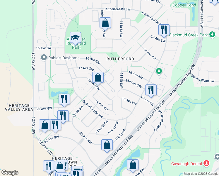 map of restaurants, bars, coffee shops, grocery stores, and more near 12023 18 Avenue Southwest in Edmonton