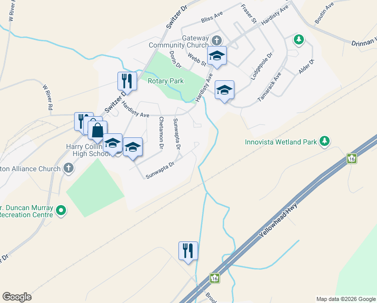 map of restaurants, bars, coffee shops, grocery stores, and more near 122 Hallam Drive in Hinton
