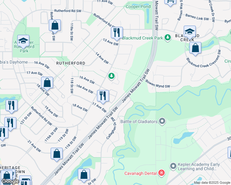 map of restaurants, bars, coffee shops, grocery stores, and more near 1818 Rutherford Road Southwest in Edmonton