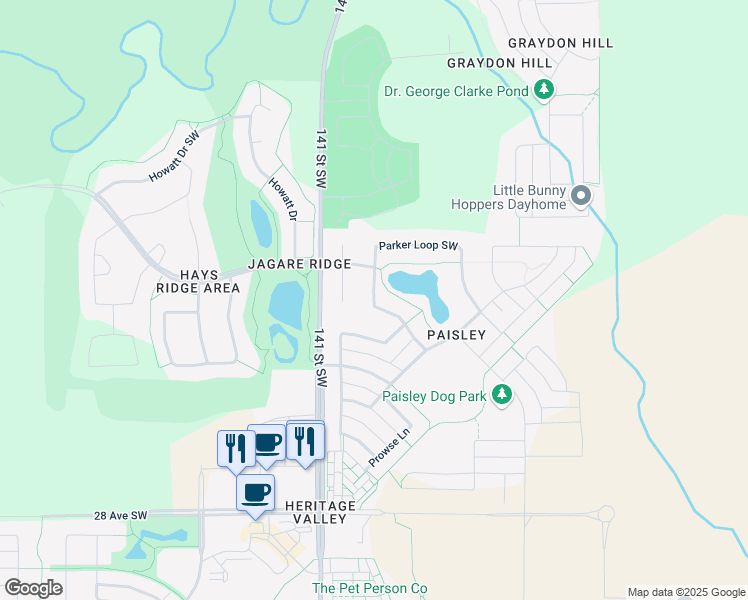 map of restaurants, bars, coffee shops, grocery stores, and more near 3399 Parker Loop Southwest in Edmonton