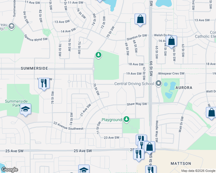 map of restaurants, bars, coffee shops, grocery stores, and more near 6944 19A Avenue Southwest in Edmonton