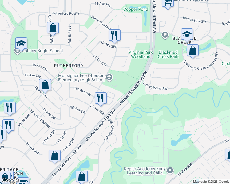 map of restaurants, bars, coffee shops, grocery stores, and more near 1818 Rutherford Road Southwest in Edmonton