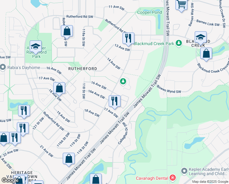 map of restaurants, bars, coffee shops, grocery stores, and more near 1820 Rutherford Road in Edmonton