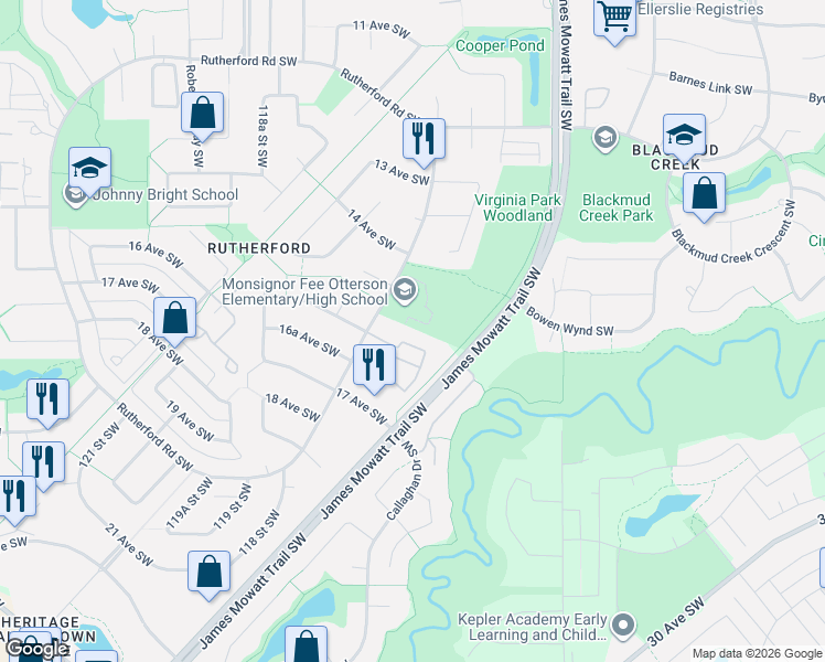 map of restaurants, bars, coffee shops, grocery stores, and more near 1818 Rutherford Road Southwest in Edmonton