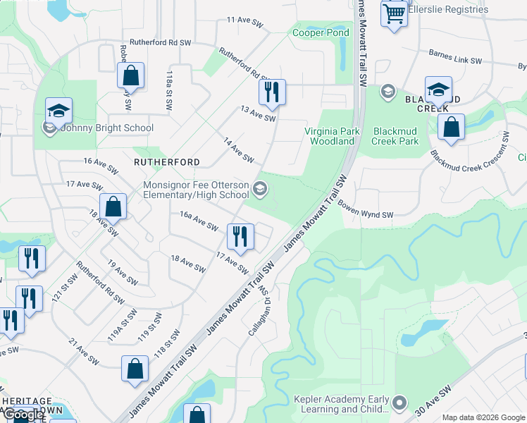 map of restaurants, bars, coffee shops, grocery stores, and more near 1830 Rutherford Road Southwest in Edmonton