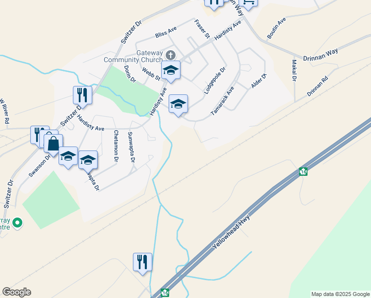 map of restaurants, bars, coffee shops, grocery stores, and more near 174 Tamarack Avenue in Hinton