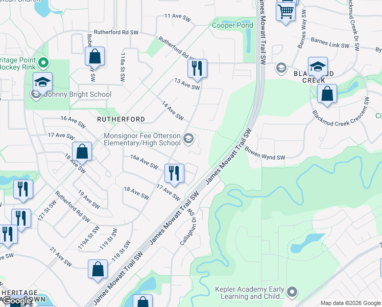 map of restaurants, bars, coffee shops, grocery stores, and more near 1830 Rutherford Road Southwest in Edmonton
