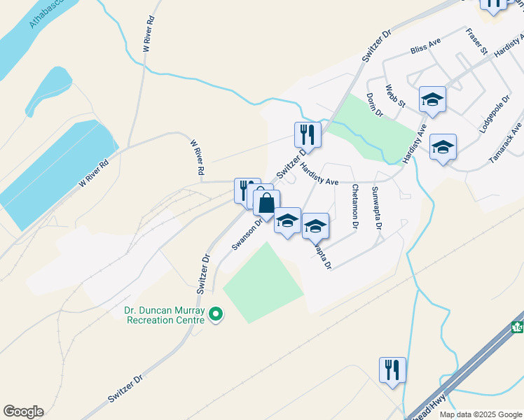 map of restaurants, bars, coffee shops, grocery stores, and more near 5 Swanson Drive in Hinton