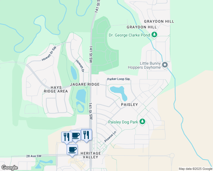 map of restaurants, bars, coffee shops, grocery stores, and more near 3331 Parker Loop Southwest in Edmonton