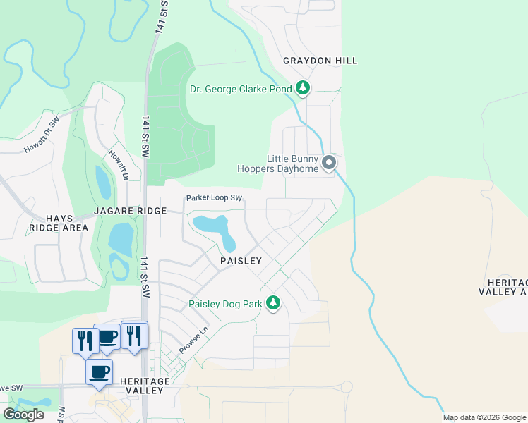 map of restaurants, bars, coffee shops, grocery stores, and more near 2015 Price Landing Southwest in Edmonton