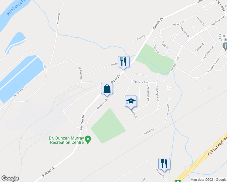 map of restaurants, bars, coffee shops, grocery stores, and more near 5 Swanson Drive in Hinton