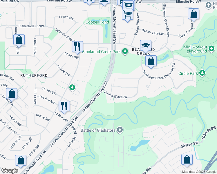 map of restaurants, bars, coffee shops, grocery stores, and more near 1603 James Mowatt Trail Southwest in Edmonton