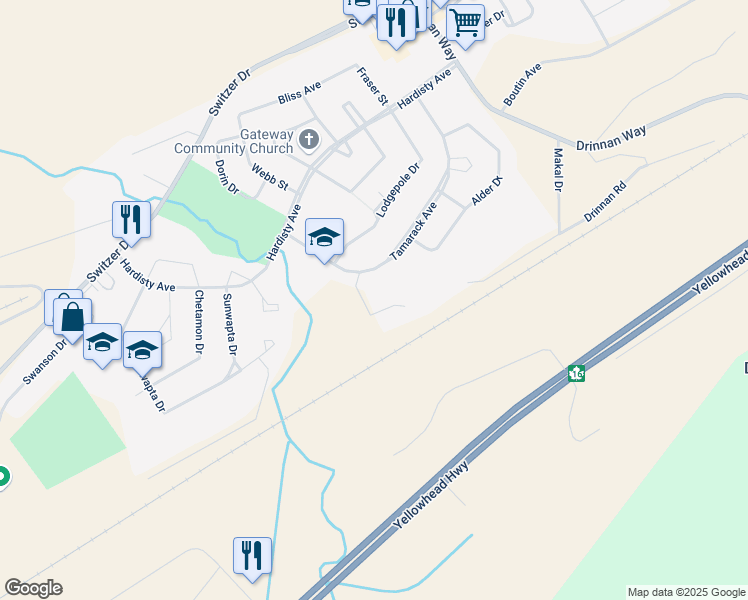 map of restaurants, bars, coffee shops, grocery stores, and more near 174 Tamarack Avenue in Hinton