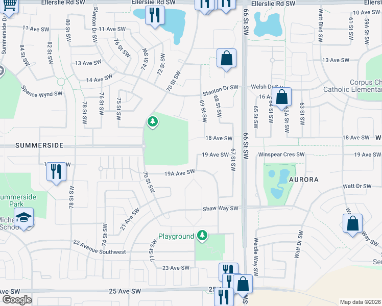 map of restaurants, bars, coffee shops, grocery stores, and more near 6820 19A Avenue Southwest in Edmonton