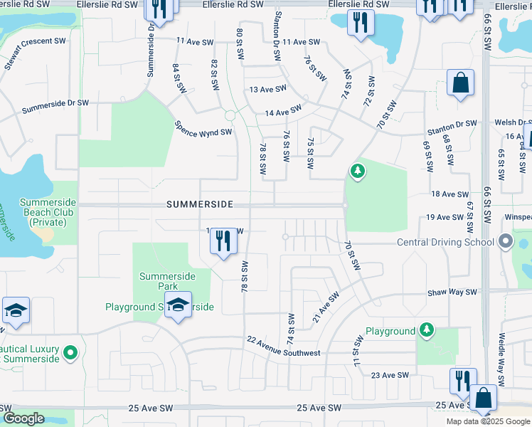 map of restaurants, bars, coffee shops, grocery stores, and more near 7711 Summerside Grande Boulevard Southwest in Edmonton