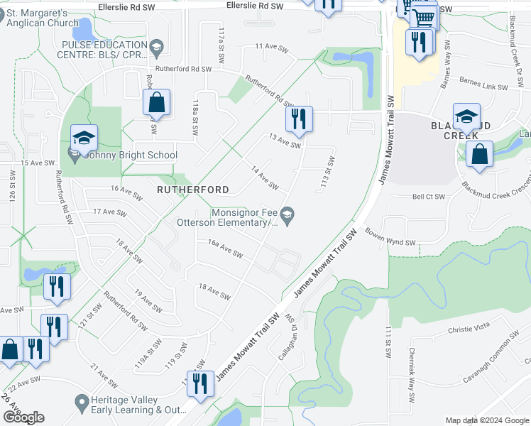 map of restaurants, bars, coffee shops, grocery stores, and more near 11415 15 Avenue Southwest in Edmonton