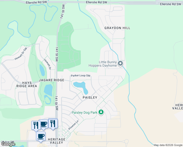 map of restaurants, bars, coffee shops, grocery stores, and more near 3259 Parker Loop Southwest in Edmonton