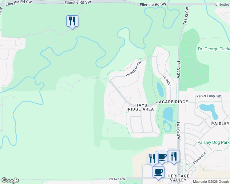 map of restaurants, bars, coffee shops, grocery stores, and more near 1495 Howes Crescent Southwest in Edmonton