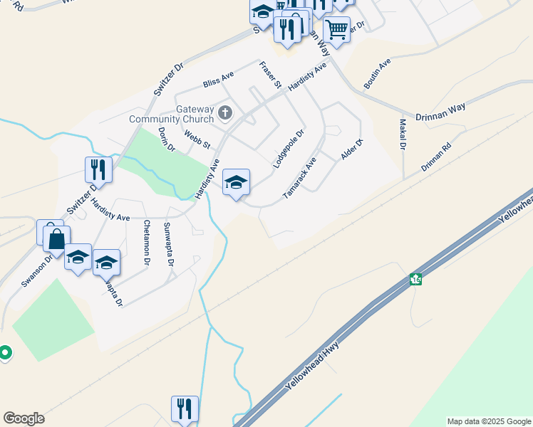 map of restaurants, bars, coffee shops, grocery stores, and more near 165 Tamarack Avenue in Hinton