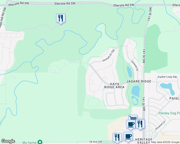 map of restaurants, bars, coffee shops, grocery stores, and more near 1495 Howes Crescent Southwest in Edmonton