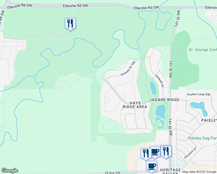 map of restaurants, bars, coffee shops, grocery stores, and more near 1495 Howes Crescent Southwest in Edmonton
