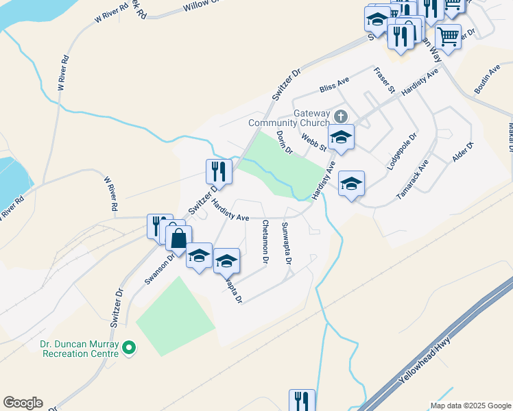 map of restaurants, bars, coffee shops, grocery stores, and more near 104 Maskuta Drive in Hinton