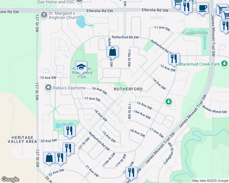 map of restaurants, bars, coffee shops, grocery stores, and more near 12104 16 Avenue Southwest in Edmonton