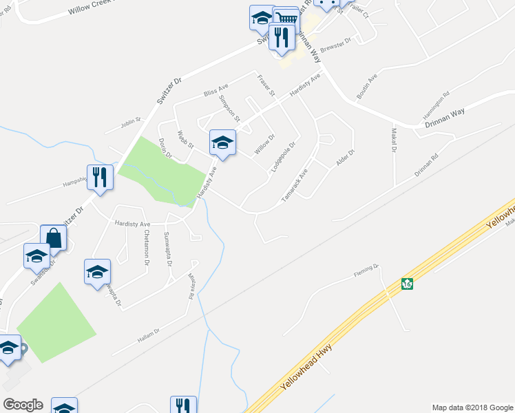 map of restaurants, bars, coffee shops, grocery stores, and more near 165 Tamarack Avenue in Hinton