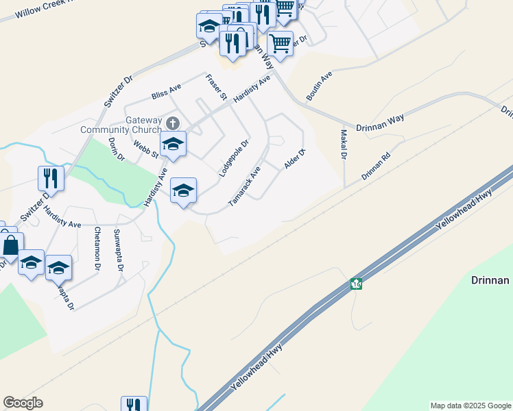 map of restaurants, bars, coffee shops, grocery stores, and more near 157 Alder Drive in Hinton