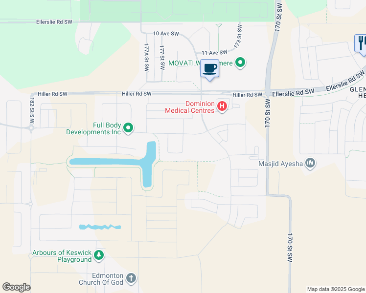 map of restaurants, bars, coffee shops, grocery stores, and more near Kelly Crescent Southwest in Edmonton