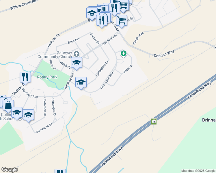 map of restaurants, bars, coffee shops, grocery stores, and more near 161 Alder Drive in Hinton