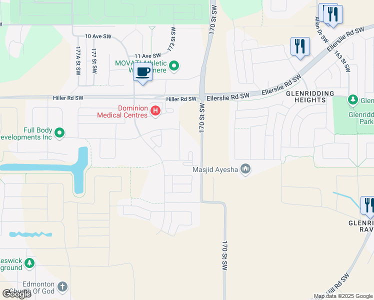 map of restaurants, bars, coffee shops, grocery stores, and more near 1820 Keene Crescent Southwest in Edmonton