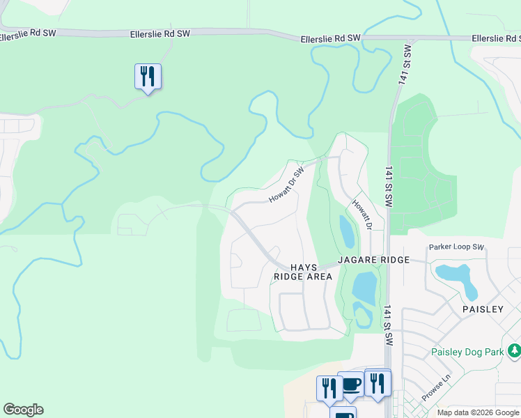 map of restaurants, bars, coffee shops, grocery stores, and more near 1495 Howes Crescent Southwest in Edmonton