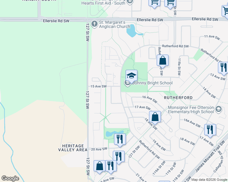 map of restaurants, bars, coffee shops, grocery stores, and more near 12504 15 Avenue Southwest in Edmonton