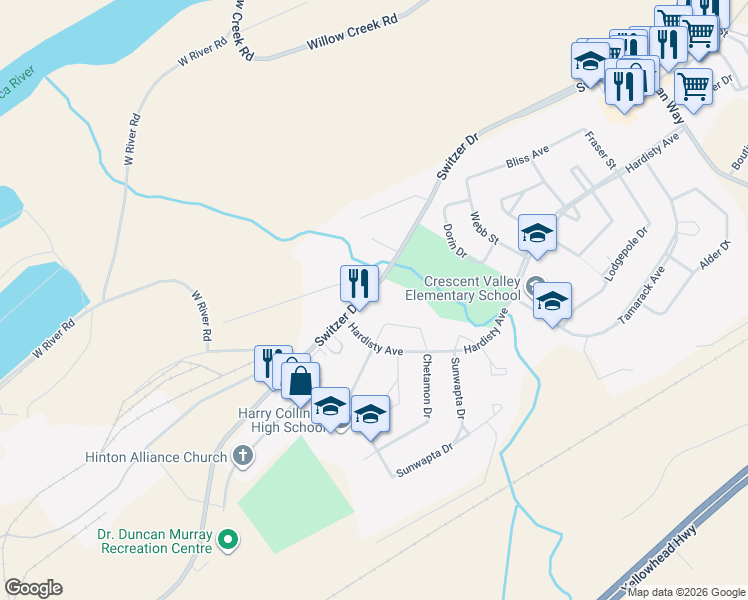 map of restaurants, bars, coffee shops, grocery stores, and more near 111 Maskuta Drive in Hinton