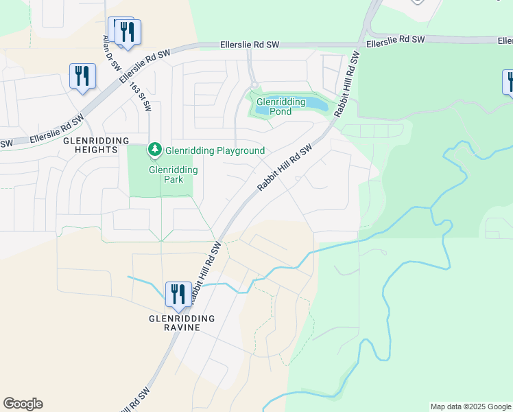map of restaurants, bars, coffee shops, grocery stores, and more near 1427 158 Street Southwest in Edmonton