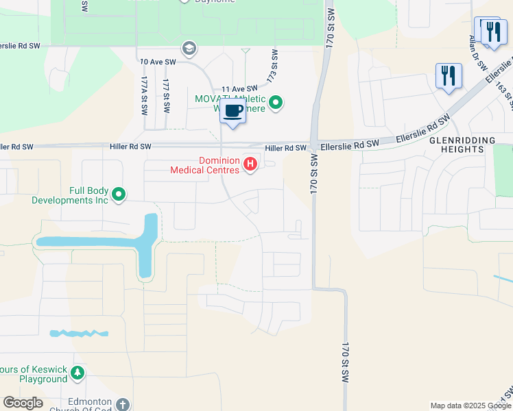 map of restaurants, bars, coffee shops, grocery stores, and more near 1744 Keene Crescent Southwest in Edmonton