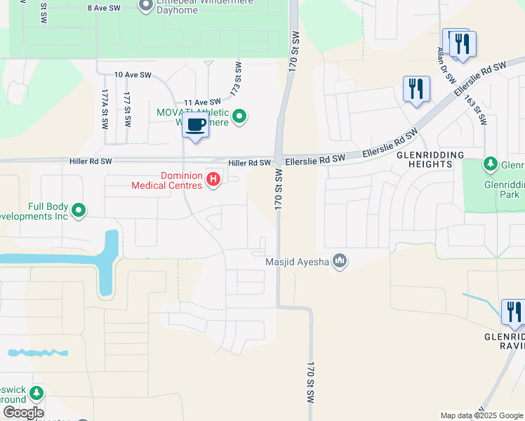 map of restaurants, bars, coffee shops, grocery stores, and more near 1790 Keene Crescent Southwest in Edmonton