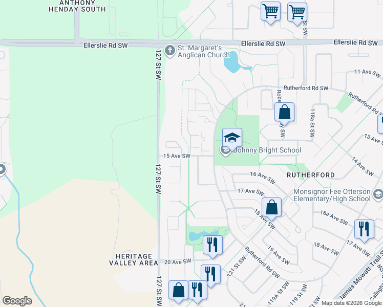 map of restaurants, bars, coffee shops, grocery stores, and more near 12504 15 Avenue Southwest in Edmonton
