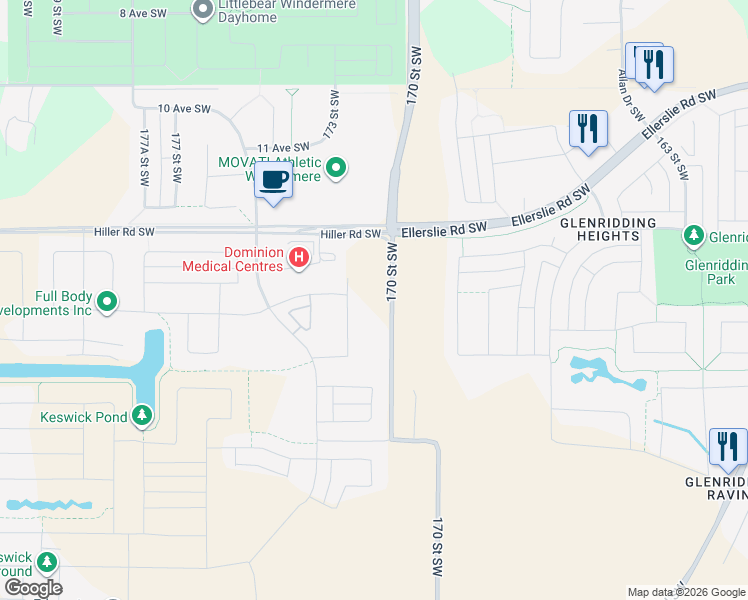 map of restaurants, bars, coffee shops, grocery stores, and more near 1790 Keene Crescent Southwest in Edmonton