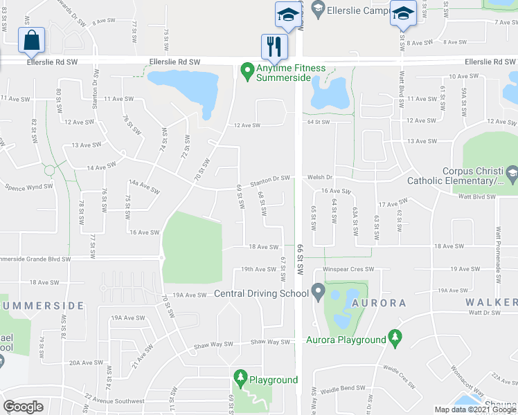 map of restaurants, bars, coffee shops, grocery stores, and more near 1604 68 Street Southwest in Edmonton