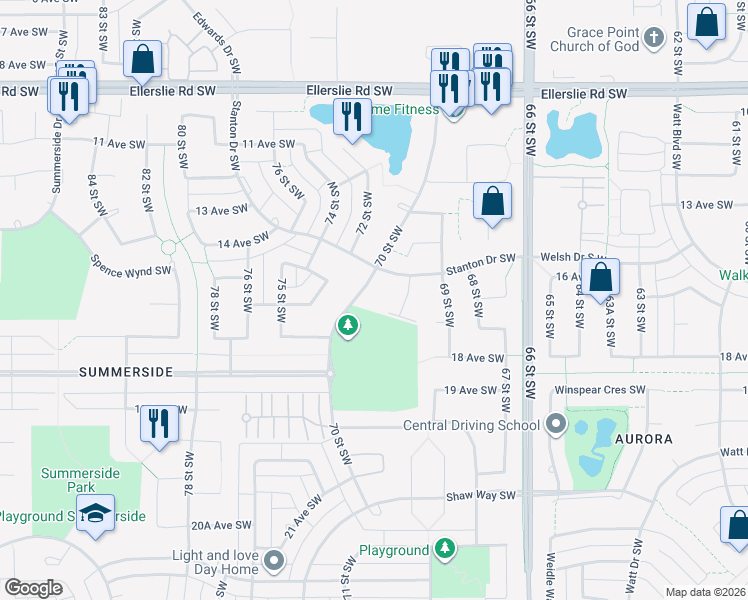 map of restaurants, bars, coffee shops, grocery stores, and more near 6084 Stanton Drive Southwest in Edmonton