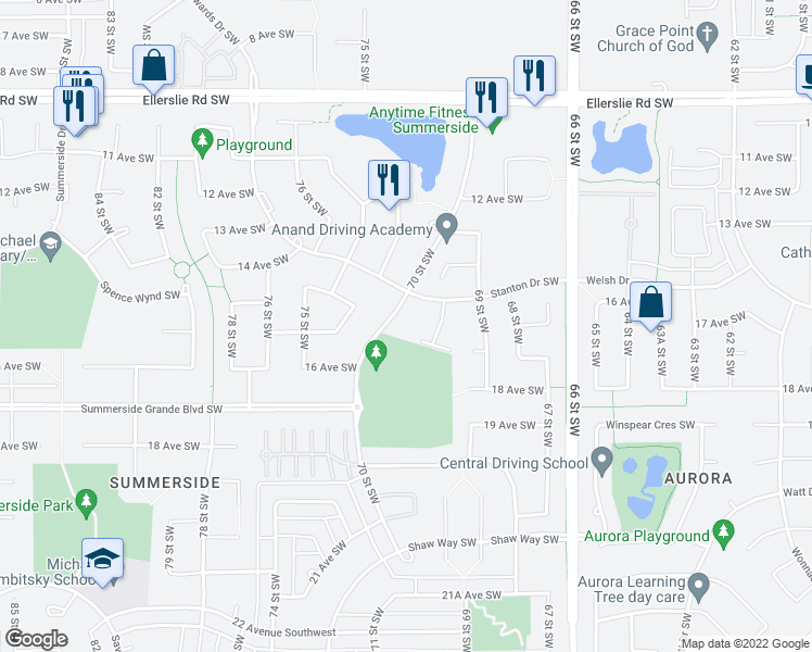 map of restaurants, bars, coffee shops, grocery stores, and more near 6084 Stanton Drive Southwest in Edmonton
